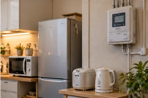 冷蔵庫と電気設備がある家庭のキッチン