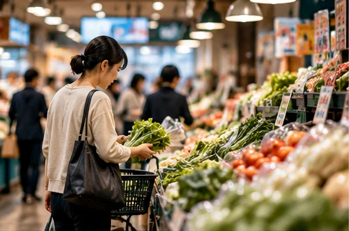 日本の青果売り場で買い物をする人