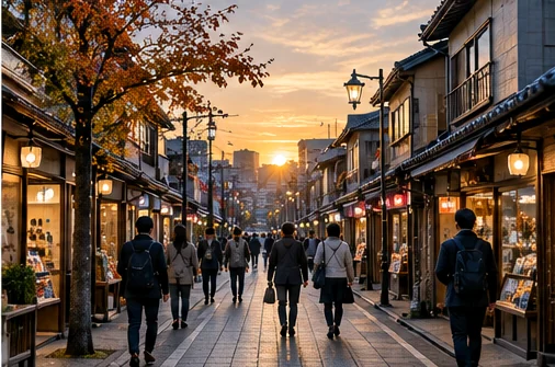 夕方の商店街を歩く人々と街路樹