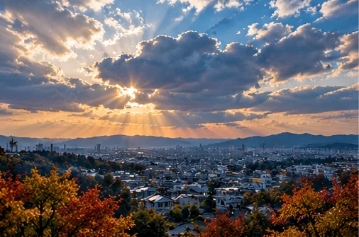 雲と夕日が広がる日本の市街地の景色
